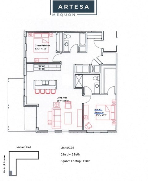 Floor plan for 2 beds, 2 baths, 1282 sqft